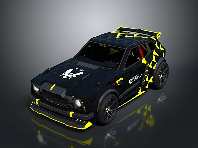 Black Sports Car With Yellow Accents Scorpion Logo Rear Spoiler And Drift Design 3d model