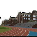 Red Brick School Building with Blue Roof Red Running Track and Sports Field
