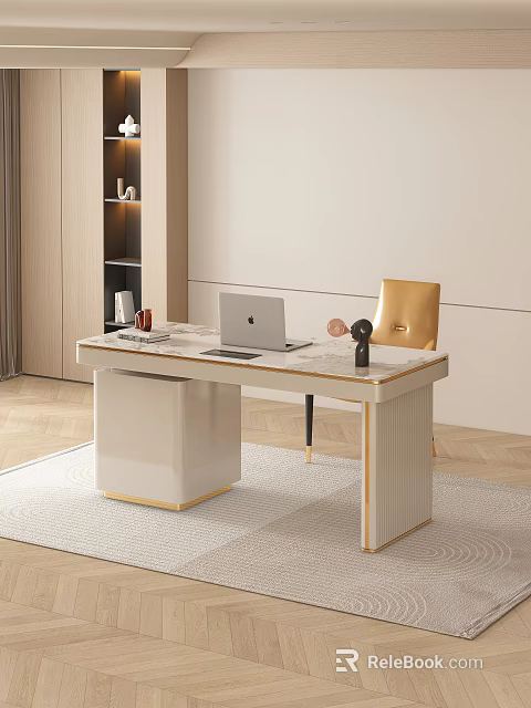 Modern Office Desk With Marble Top Laptop Gold Chair And Gold Accent Legs 3d model 