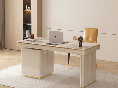 Modern Office Desk With Marble Top Laptop Gold Chair And Gold Accent Legs 3d model