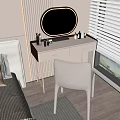 Elegant White Dressing Table With Round Mirror Gold Legs And Skincare Products With White Chair
