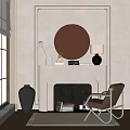 White Fireplace Mantel With Round Brown Mirror Table Lamp And Nearby Chair Interior Design