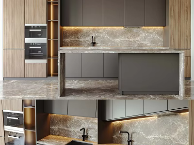 Modern Kitchen With Gray Cabinets Marble Countertop Island Wooden Accents And Built in Oven 3d model