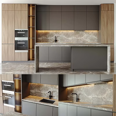 Modern Kitchen With Gray Cabinets Marble Countertop Island Wooden Accents And Built in Oven 3d model