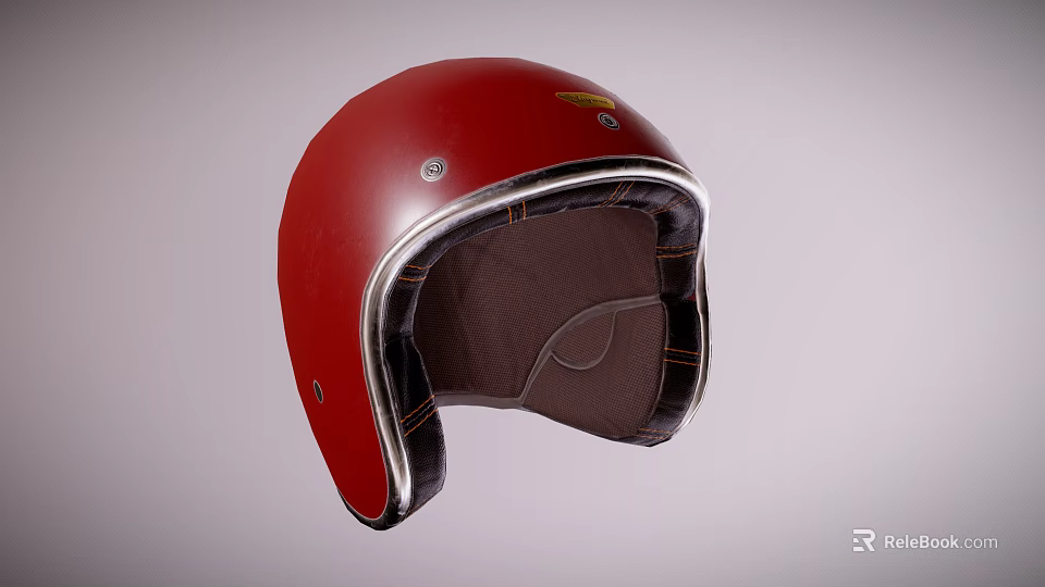 Red Retro Helmet Featuring Metal Trim And Brown Interior Lining Design 3d model 