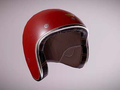 Red Retro Helmet Featuring Metal Trim And Brown Interior Lining Design 3d model