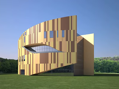 Modern Cultural Center Building Featuring Striped Yellow Brown Exterior And Glass Windows On Green Lawn 3d model