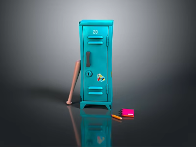 Blue Locker With Number 20 Baseball Bat And Small Pink Accessories Colored Pencils 3d model