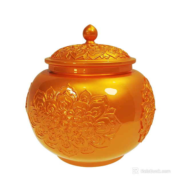 Glossy Orange Jar With Carved Floral Patterns And Decorative Lid 3d model 