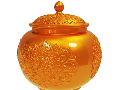 Glossy Orange Jar With Carved Floral Patterns And Decorative Lid 3d model