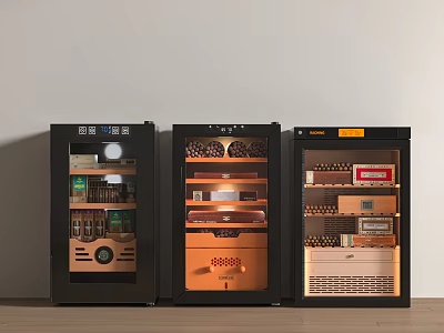 Three Modern Black Wine Cabinets With Glass Doors And Internal Storage Shelves 3d model