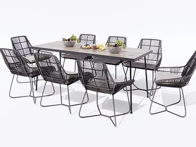 Stylish Outdoor Patio Table Set With Wicker Chairs Flower Pots And Fruits 3d model