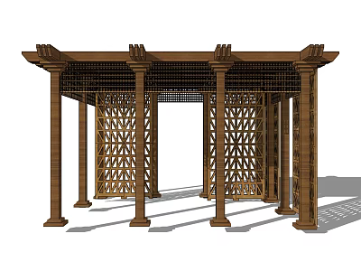 Wooden Pergola Structure With Columns And Lattice Design For Outdoor Space 3d model