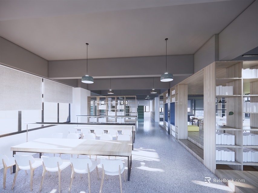 Book Art Inspired Modern Library Interior With Long Tables White Chairs Bookshelves And Pendant Lights 3d model 