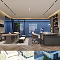 Modern Office Interior With Glass Partitions Wooden Wall Bookshelves Desk Green Plant And Circular Platform