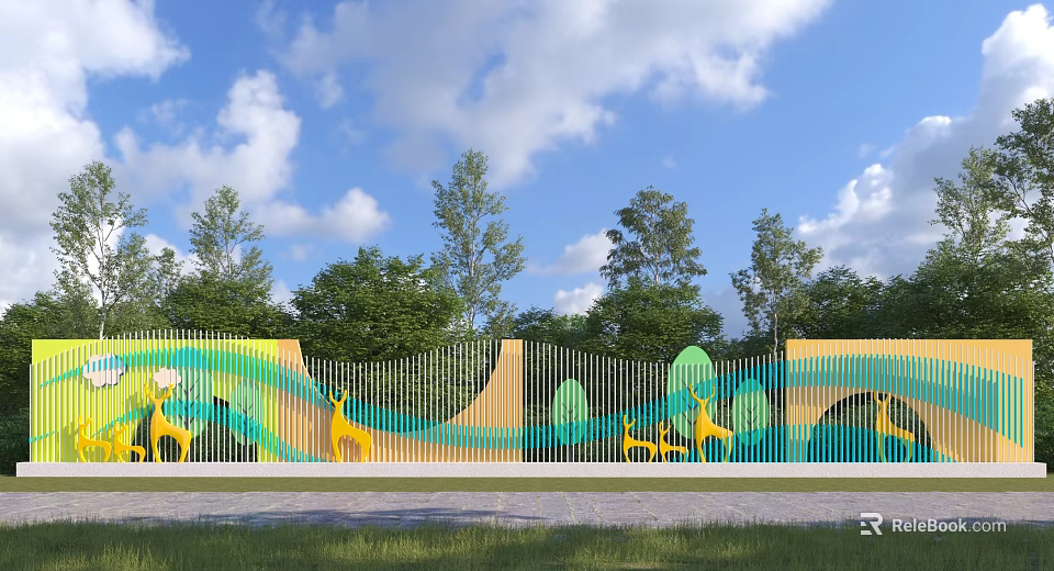 Colorful Wavy Feature Wall With Artistic Patterns And Green Trees Surroundings 3d model 