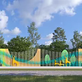 Colorful Wavy Feature Wall With Artistic Patterns And Green Trees Surroundings