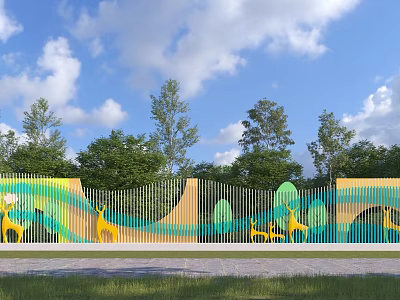 Colorful Wavy Feature Wall With Artistic Patterns And Green Trees Surroundings 3d model