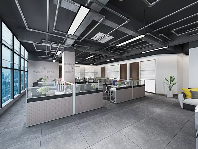 Modern Office Interior Design With Open Workstations Large Windows And Green Plants 3d model