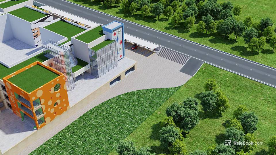 Aerial View Planning of Modern Buildings With Green Roofs Open Lawns Surrounding Road and Trees 3d model 