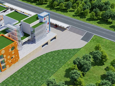 Aerial View Planning of Modern Buildings With Green Roofs Open Lawns Surrounding Road and Trees 3d model