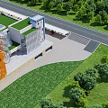 Aerial View Planning of Modern Buildings With Green Roofs Open Lawns Surrounding Road and Trees