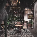 Industrial Style Cafe Interior With Stone Wall Wooden Decor Green Plants And Hanging Chandeliers