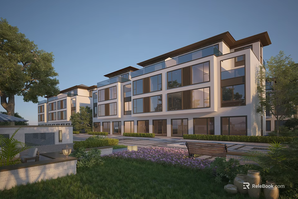 Modern Townhouse Exterior With Landscaped Garden Lawn Large Windows And Outdoor Bench 3d model 