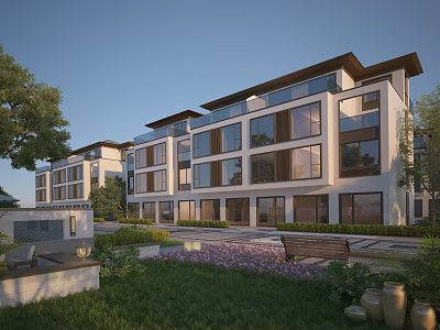 Modern Townhouse Exterior With Landscaped Garden Lawn Large Windows And Outdoor Bench 3d model
