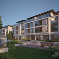 Modern Townhouse Exterior With Landscaped Garden Lawn Large Windows And Outdoor Bench