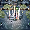 Modern Urban Square With Colorful Fountain Trees Pedestrians And Glass Buildings