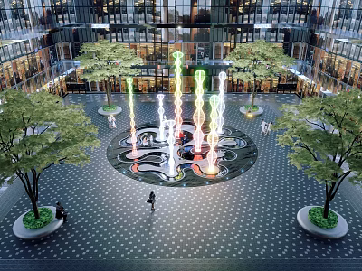 Modern Urban Square With Colorful Fountain Trees Pedestrians And Glass Buildings 3d model