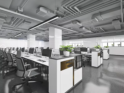 Modern Office Interior With Open Workstations Computers Office Chairs Green Plants And Exposed Ceiling Pipes 3d model