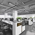 Modern Office Interior With Open Workstations Computers Office Chairs Green Plants And Exposed Ceiling Pipes