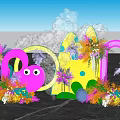 Colorful Photo Check In Spot With Pink Cartoon Shapes Green Plants Smoke Effect And Arch