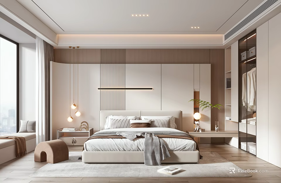 Modern Bedroom Interior Design With Bed Hanging Lights Recessed Lighting And Wooden Floor 3d model 