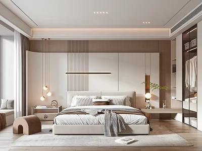 Modern Bedroom Interior Design With Bed Hanging Lights Recessed Lighting And Wooden Floor 3d model