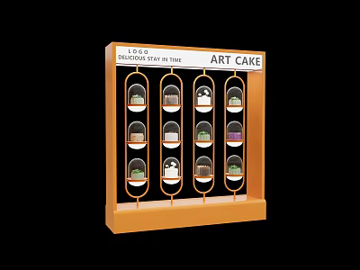Art Cake Window Display Featuring Various Cakes in Glass Cases with House of Art Logo 3d model