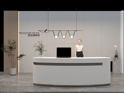 Modern Front Desk Reception With White Curved Counter Computer Receptionist Hanging Lights And Green Plants 3d model