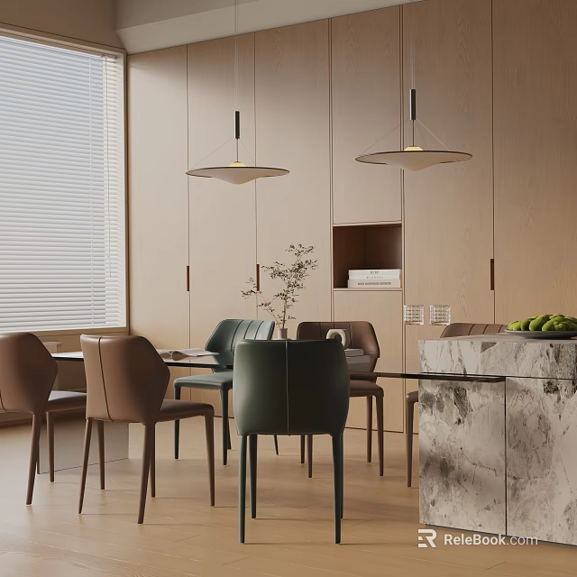 Elegant Modern Dining Set With Marble Table And Leather Chairs In Luxury Kitchen 3d model