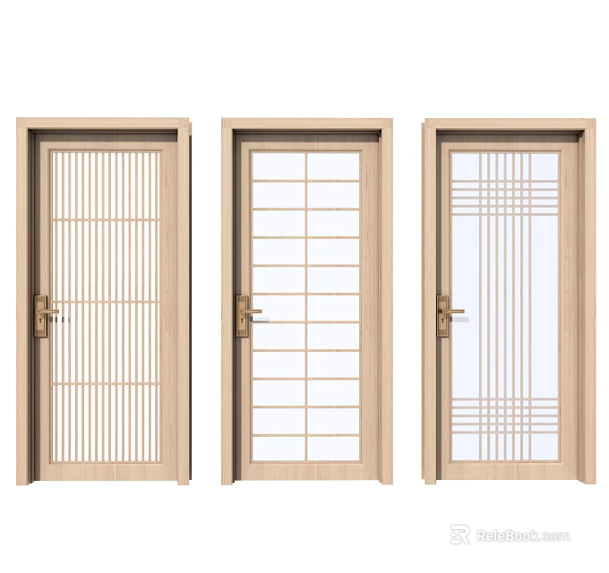 Wooden Swing Doors With Various Grid Pattern Glass Panels For Home Interior 3d model