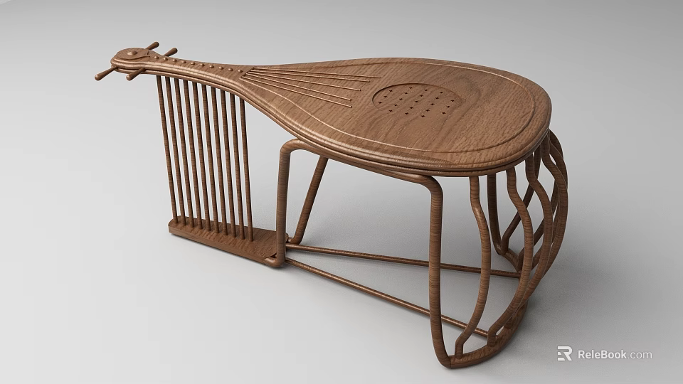Wooden Tea Table And Chairs With Pipa Shaped Design Carved Details And Curved Legs 3d model 