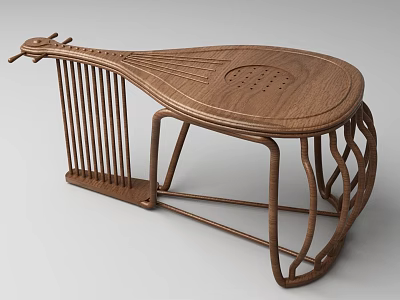 Wooden Tea Table And Chairs With Pipa Shaped Design Carved Details And Curved Legs 3d model
