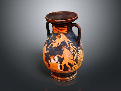 Ancient Greek Amphora Vase With Decorative Plant Motifs In Red And Black Paint 3d model