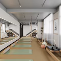 Spacious Yoga Studio Interior With Arranged Green Mats Large Mirrors And Curtain Windows