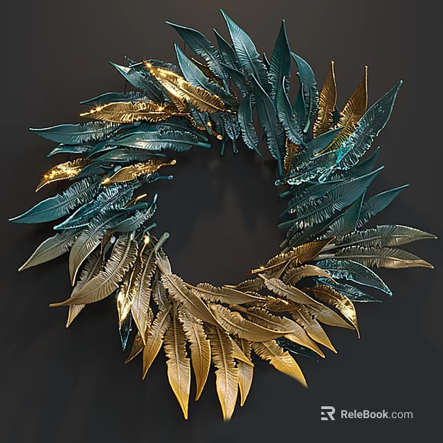 Stylish Teal And Gold Feather Wreath Circular Wall Decor For Living Space 3d model 