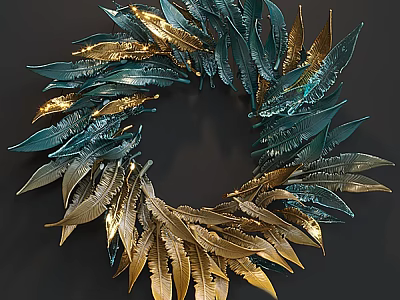 Stylish Teal And Gold Feather Wreath Circular Wall Decor For Living Space 3d model