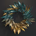 Stylish Teal And Gold Feather Wreath Circular Wall Decor For Living Space