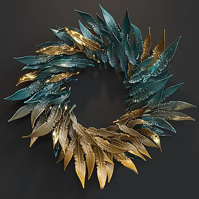Stylish Teal And Gold Feather Wreath Circular Wall Decor For Living Space 3d model