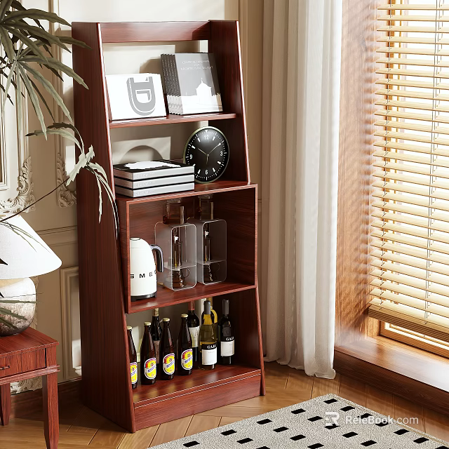 Wooden Bookcase Featuring Books Clock Glass Containers Wine Bottles And Plant By Window With Blinds 3d model 